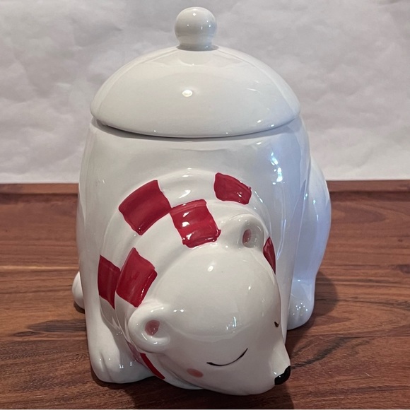 Magenta Ceramic Blushing Polar Bear Canister Jar White/Red - Picture 6 of 14